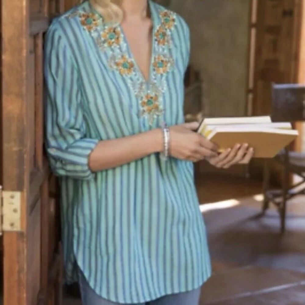Soft Surroundings Tortola Tunic Top Turquoise Stripe Split V-Neck Beaded Sz S